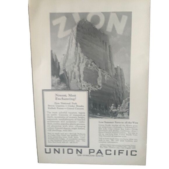 Vintage 1927 Union Pacific Rail Zion National Park Ad Advertisement - Picture 4 of 4